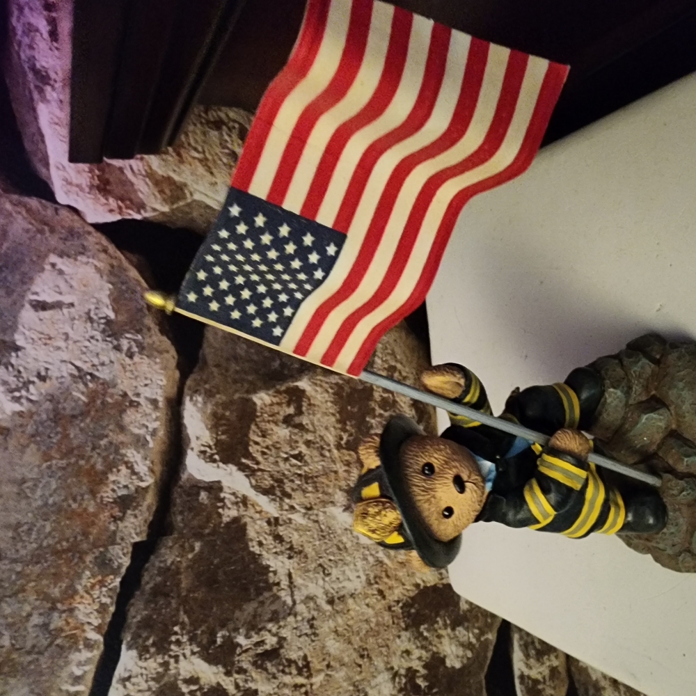 Firefighter Bear Figurine with American Flag